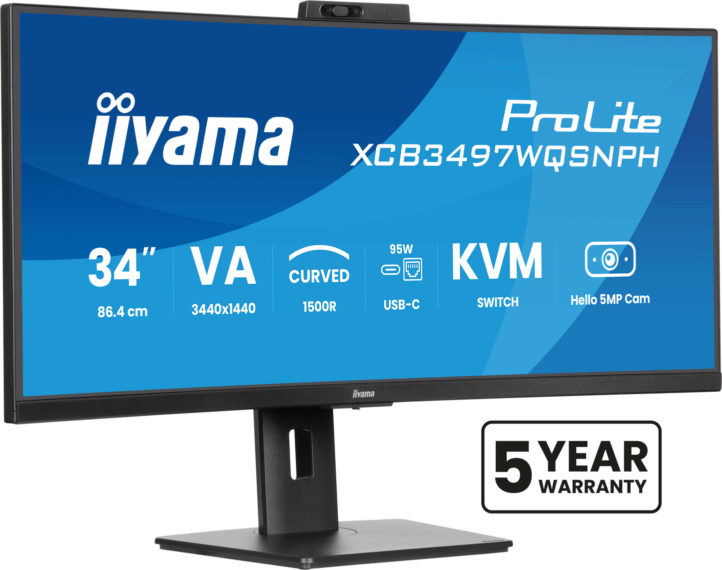 IIYAMA ProLite 34 inch Curved - UltraWide Quad HD VA LED Monitor - 3440x1440 - USB-C Dock - KVM Switch - Windows Hello Cam - HAS / RJ45