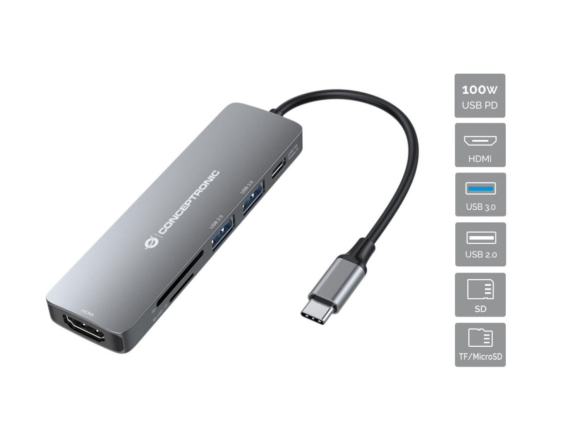 CONCEPTRONIC 6-in-1 USB 3.2 Gen 1 Docking Station - HDMI - 100W USB PD - USB 3.0 - USB 2.0 - SD - TF/MicroSD