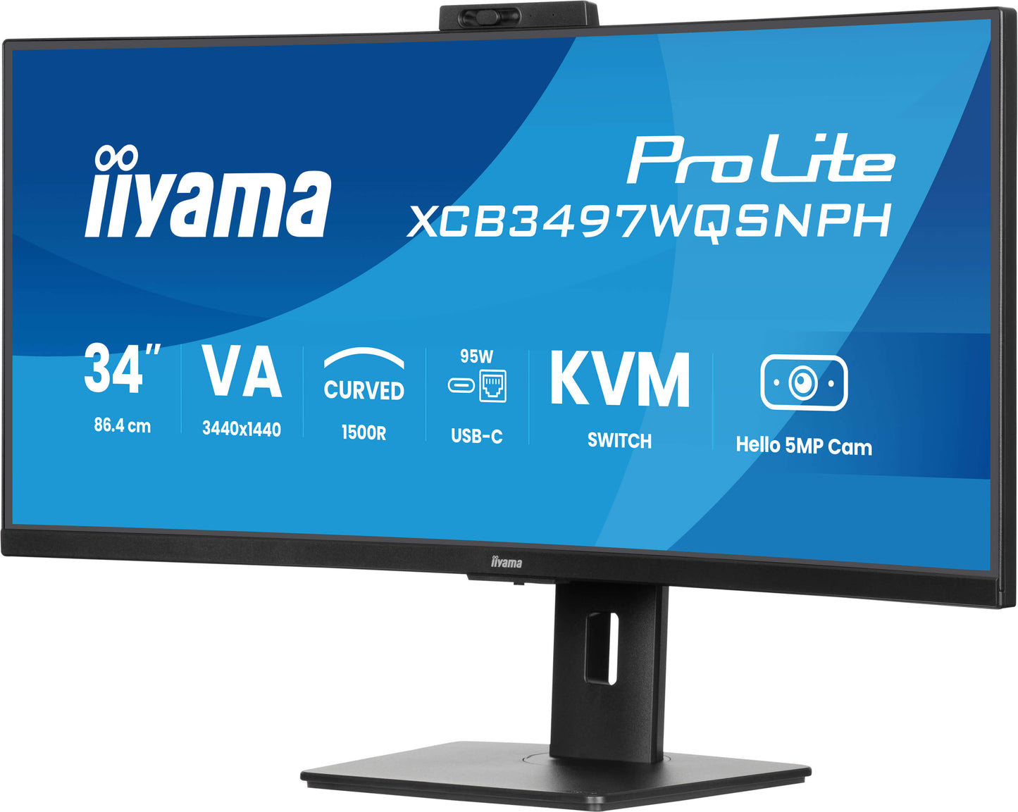 IIYAMA ProLite 34 inch Curved - UltraWide Quad HD VA LED Monitor - 3440x1440 - USB-C Dock - KVM Switch - Windows Hello Cam - HAS / RJ45