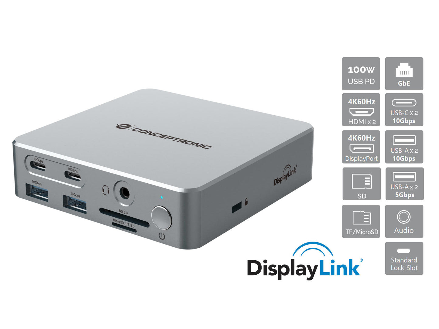 CONCEPTRONIC 15-in-1 DisplayLink USB 3.2 Gen 2 Docking Station - USB-A 5Gbps x 2 - USB-A 10Gbps x 2 - USB-C 10Gbps x 2 - HDMI x 2 - DisplayPo