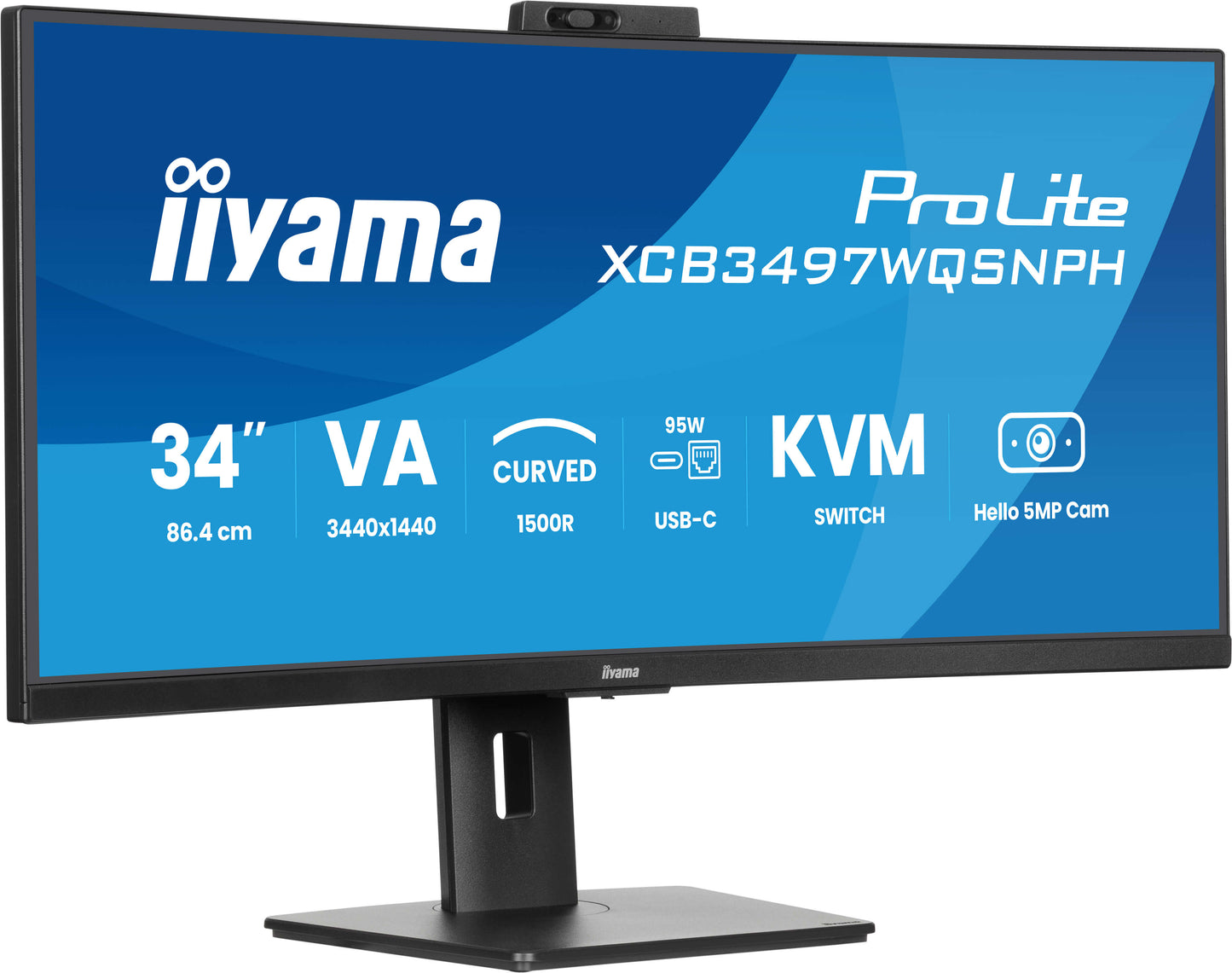 IIYAMA ProLite 34 inch Curved - UltraWide Quad HD VA LED Monitor - 3440x1440 - USB-C Dock - KVM Switch - Windows Hello Cam - HAS / RJ45