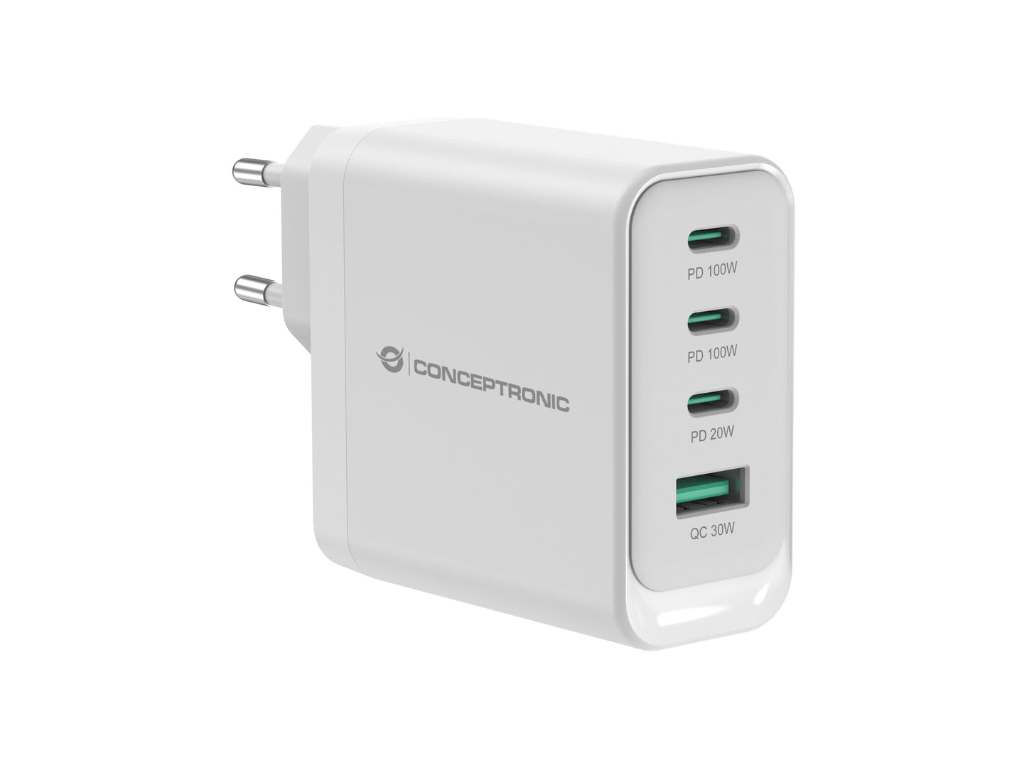 CONCEPTRONIC 4-Port 100W GaN USB PD Charger - USB-C x 3 - USB-A x 1 - QC 3.0 - PPS - PD 3.0