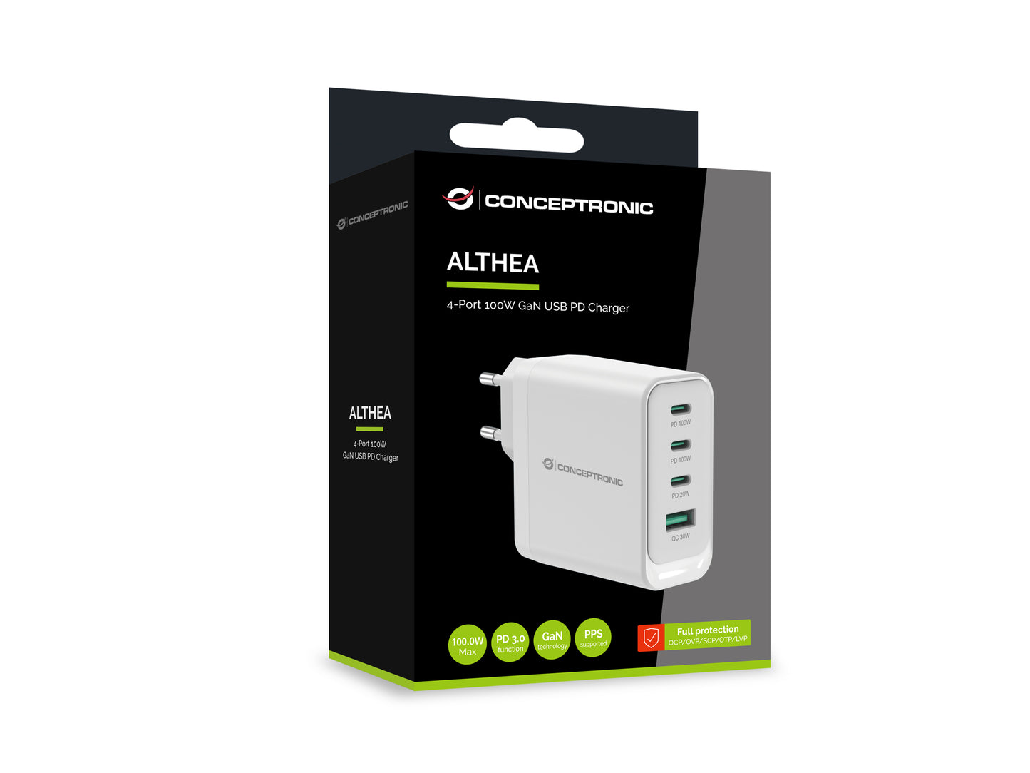 CONCEPTRONIC 4-Port 100W GaN USB PD Charger - USB-C x 3 - USB-A x 1 - QC 3.0 - PPS - PD 3.0