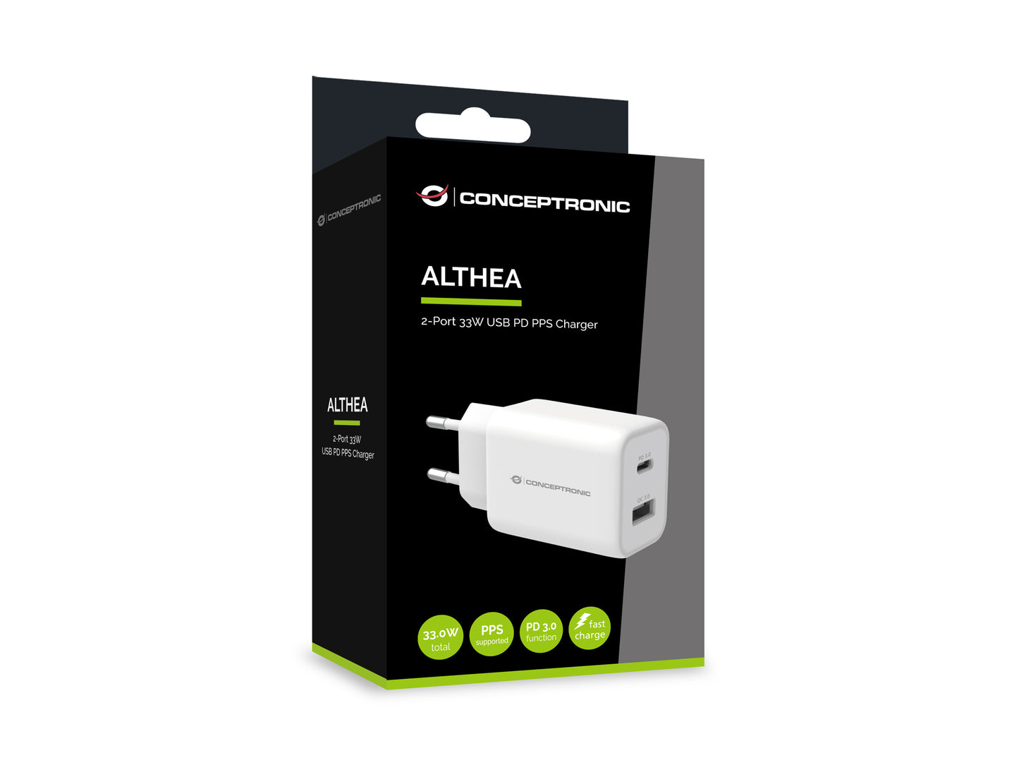 CONCEPTRONIC 2-Port 33W PPS USB PD Charger - USB-A x 1 - USB-C x 1 - QC 3.0