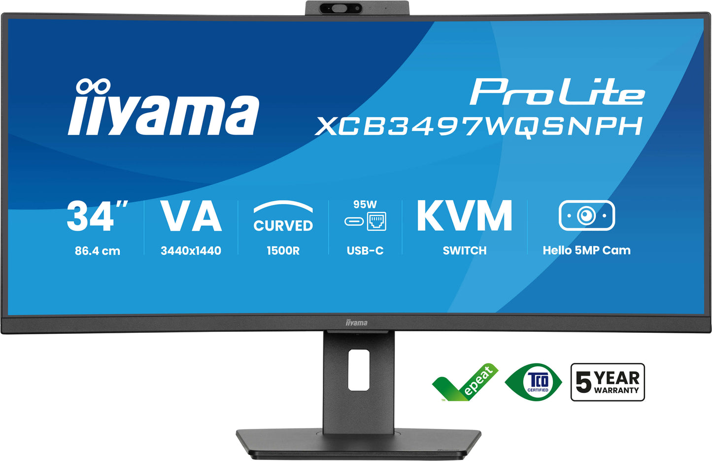 IIYAMA ProLite 34 inch Curved - UltraWide Quad HD VA LED Monitor - 3440x1440 - USB-C Dock - KVM Switch - Windows Hello Cam - HAS / RJ45