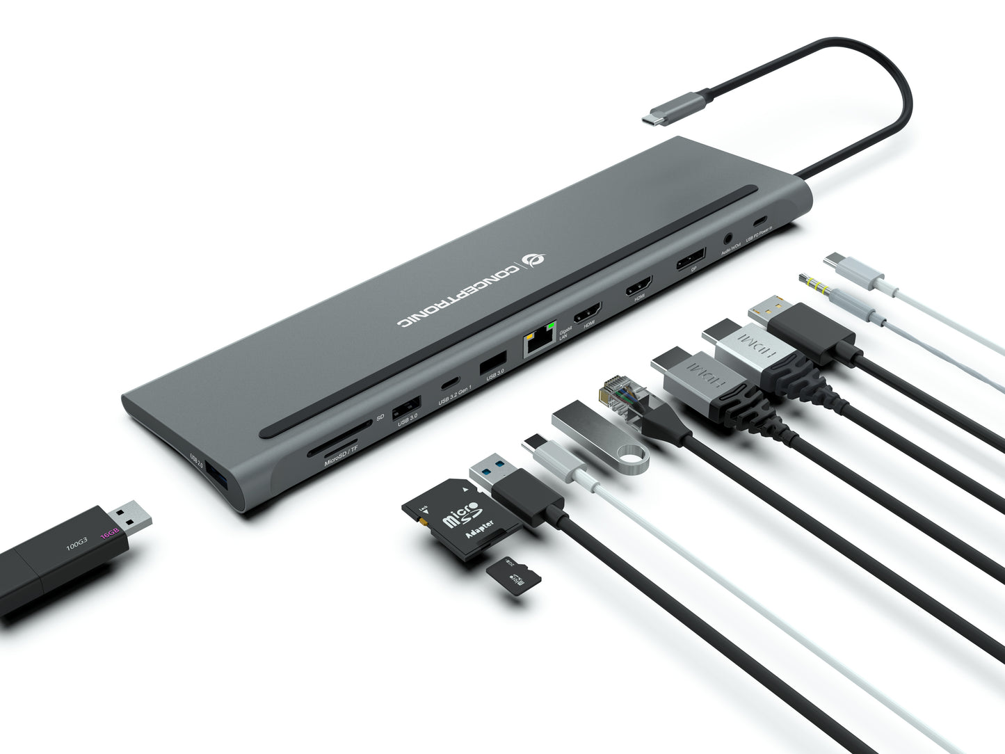 CONCEPTRONIC 12-in-1 USB 3.2 Gen 1 Docking Station - MST - Triple 4K Display - 100W USB PD - HDMI x 2 - DisplayPort - GbE LAN - USB-A 3.0 x 2