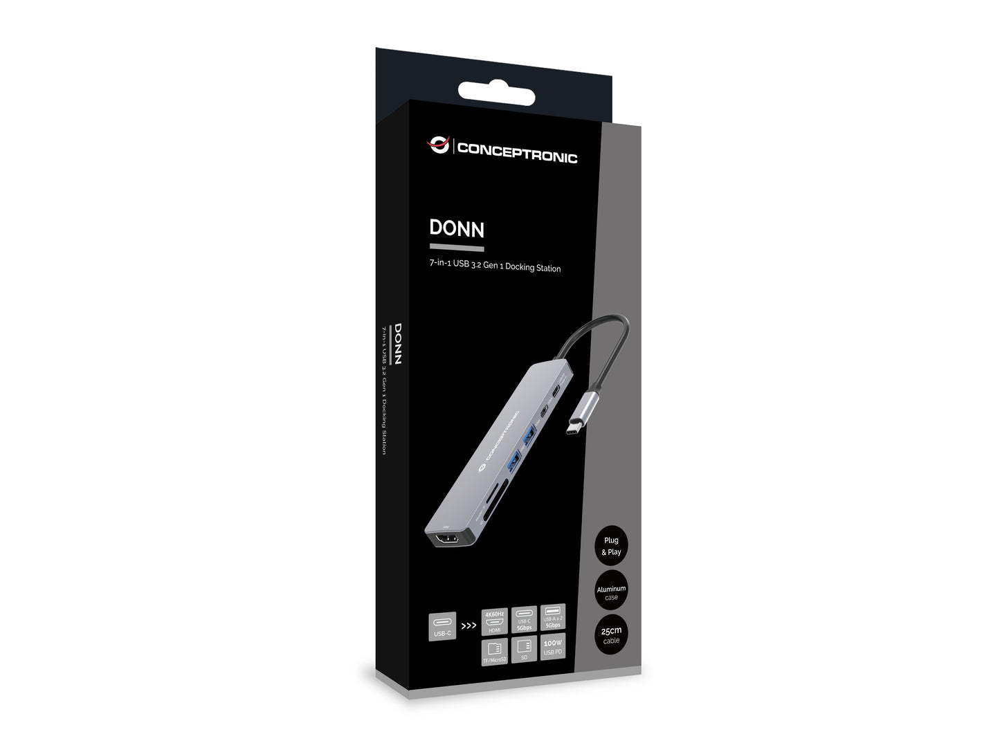 CONCEPTRONIC 7-in-1 USB 3.2 Gen 1 Docking Station - 4K60Hz HDMI - USB-A 5Gbps x 2 - USB-C 5Gbps - SD - TF/MicroSD - 100W USB PD