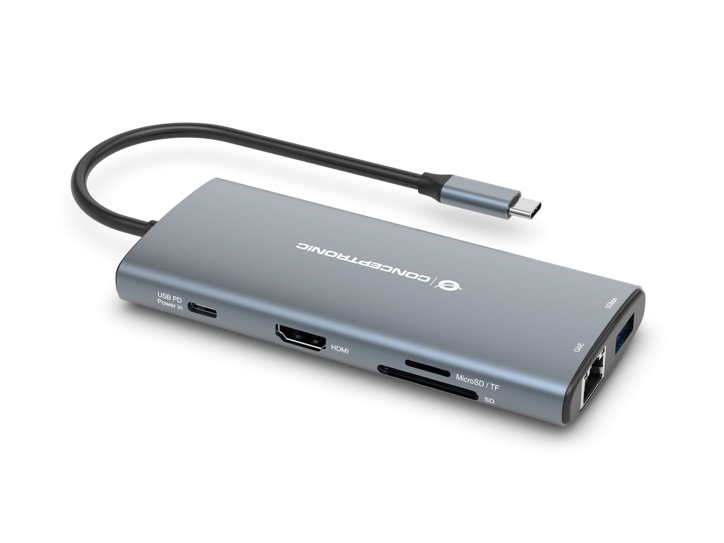 CONCEPTRONIC 10-in-1 USB 3.2 Gen 1 Docking Station - HDMI - 100W USB PD - USB-C 5Gbps x 2 - USB-A 5Gbps x 3 - SD - TF/MicroSD - GbE