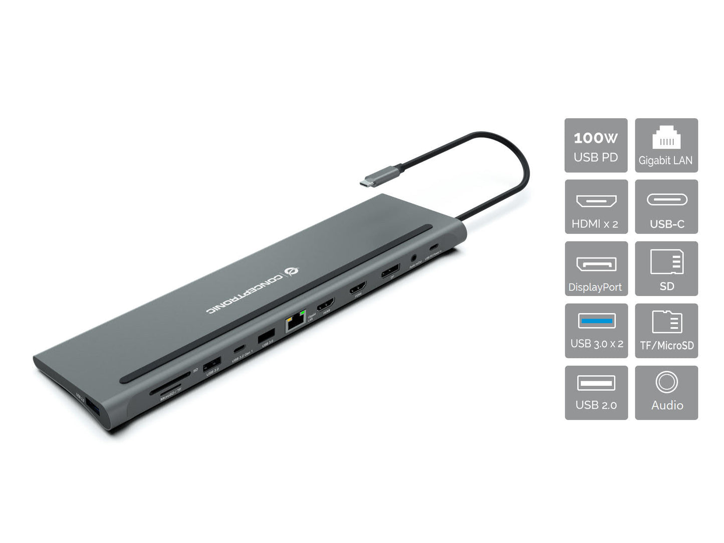 CONCEPTRONIC 12-in-1 USB 3.2 Gen 1 Docking Station - MST - Triple 4K Display - 100W USB PD - HDMI x 2 - DisplayPort - GbE LAN - USB-A 3.0 x 2