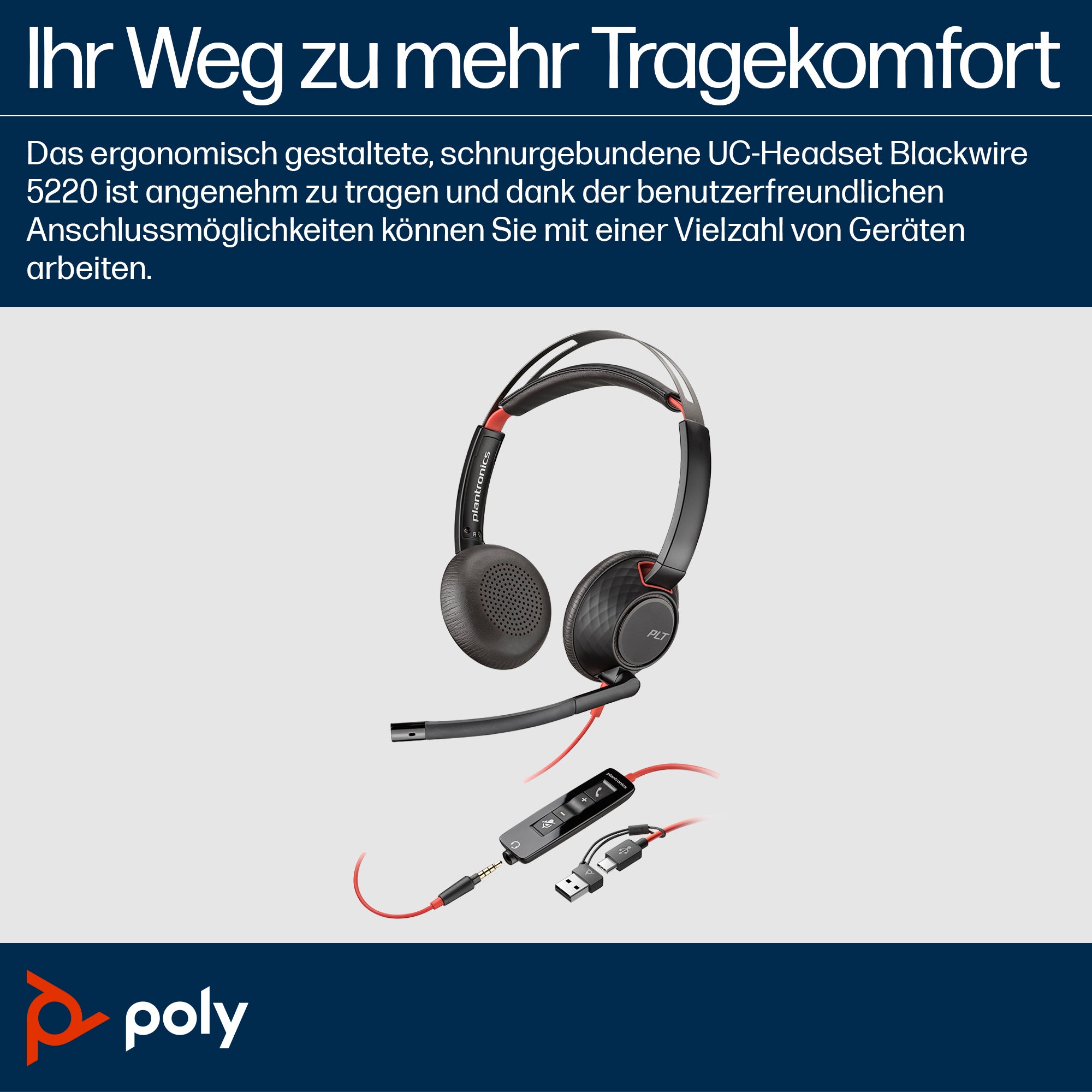 HP INC. Poly Blackwire 5220 Stereo USB-C Headset +3.5mm Plug +USB-C/A Adapter - BULK