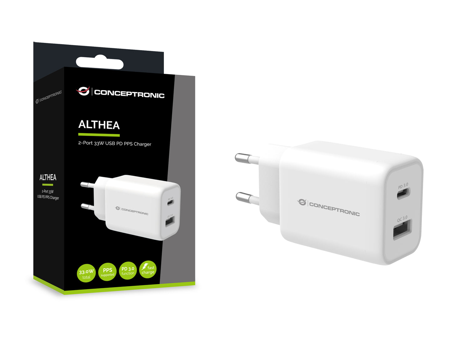 CONCEPTRONIC 2-Port 33W PPS USB PD Charger - USB-A x 1 - USB-C x 1 - QC 3.0