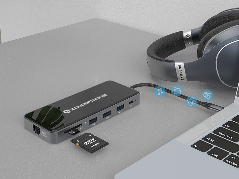 CONCEPTRONIC 12-in-1 Docking Station USB 3.2 Gen 1 - MST - HDMI x 2 - VGA - USB-C Data - USB 3.0 x 2 - USB 2.0 - SD - TF/MicroSD - Audio - Gb
