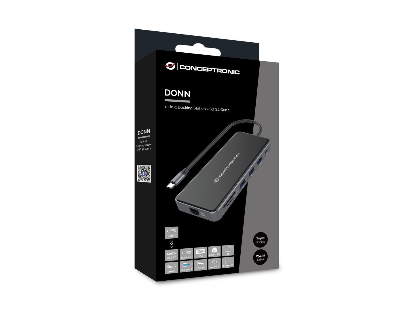 CONCEPTRONIC 12-in-1 Docking Station USB 3.2 Gen 1 - MST - HDMI x 2 - VGA - USB-C Data - USB 3.0 x 2 - USB 2.0 - SD - TF/MicroSD - Audio - Gb