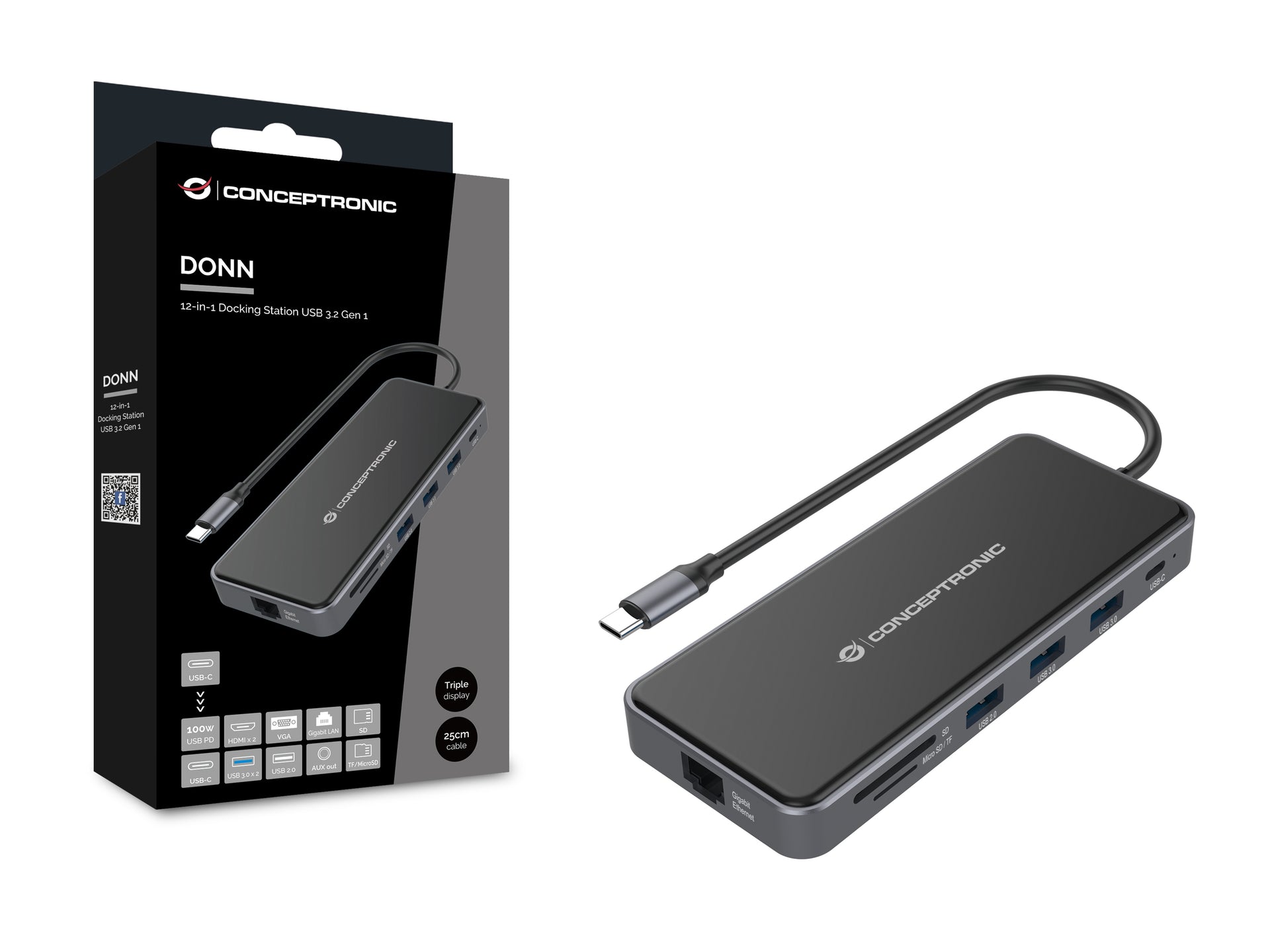 CONCEPTRONIC 12-in-1 Docking Station USB 3.2 Gen 1 - MST - HDMI x 2 - VGA - USB-C Data - USB 3.0 x 2 - USB 2.0 - SD - TF/MicroSD - Audio - Gb