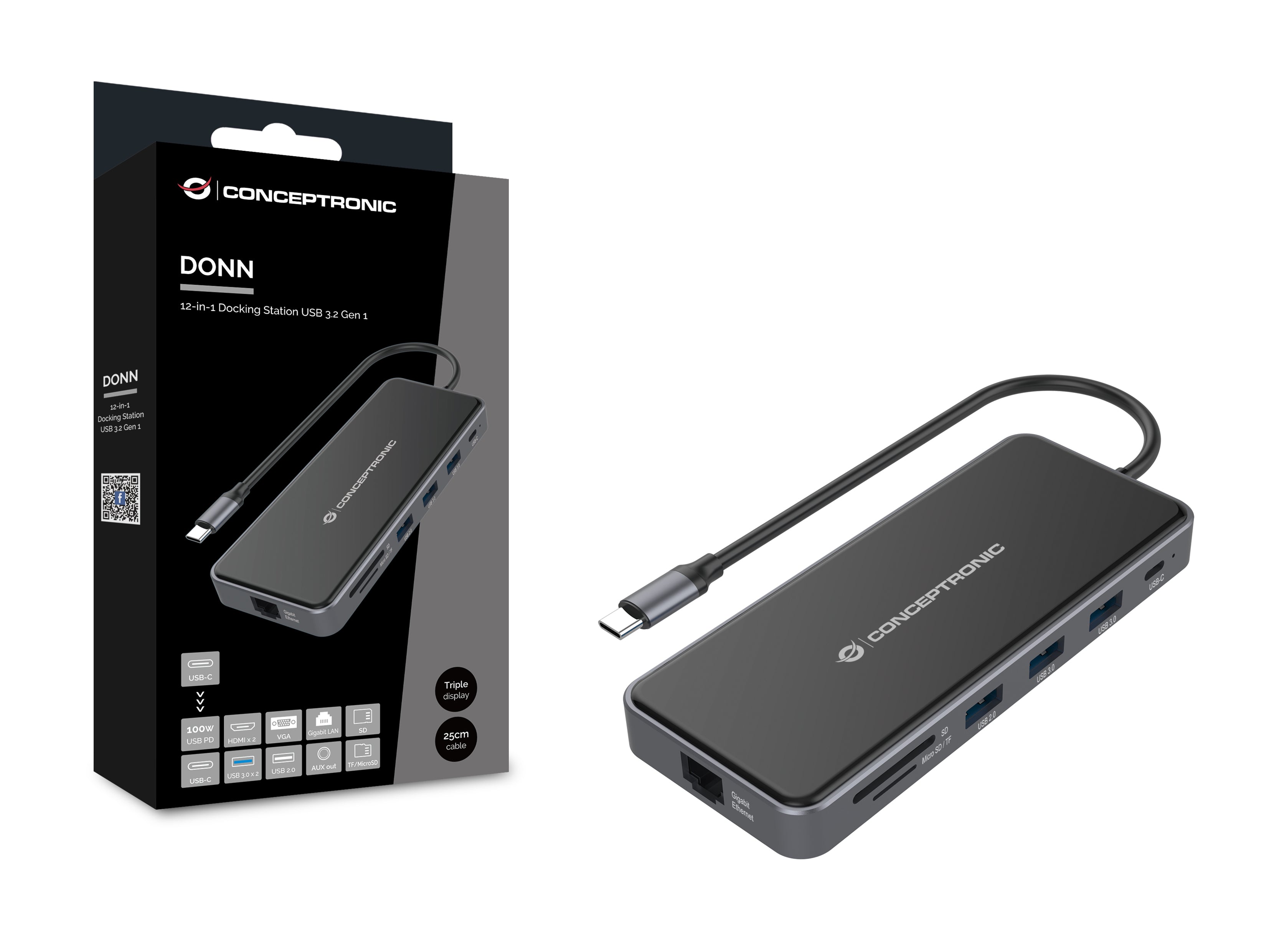 CONCEPTRONIC 12-in-1 Docking Station USB 3.2 Gen 1 - MST - HDMI x 2 - VGA - USB-C Data - USB 3.0 x 2 - USB 2.0 - SD - TF/MicroSD - Audio - Gb