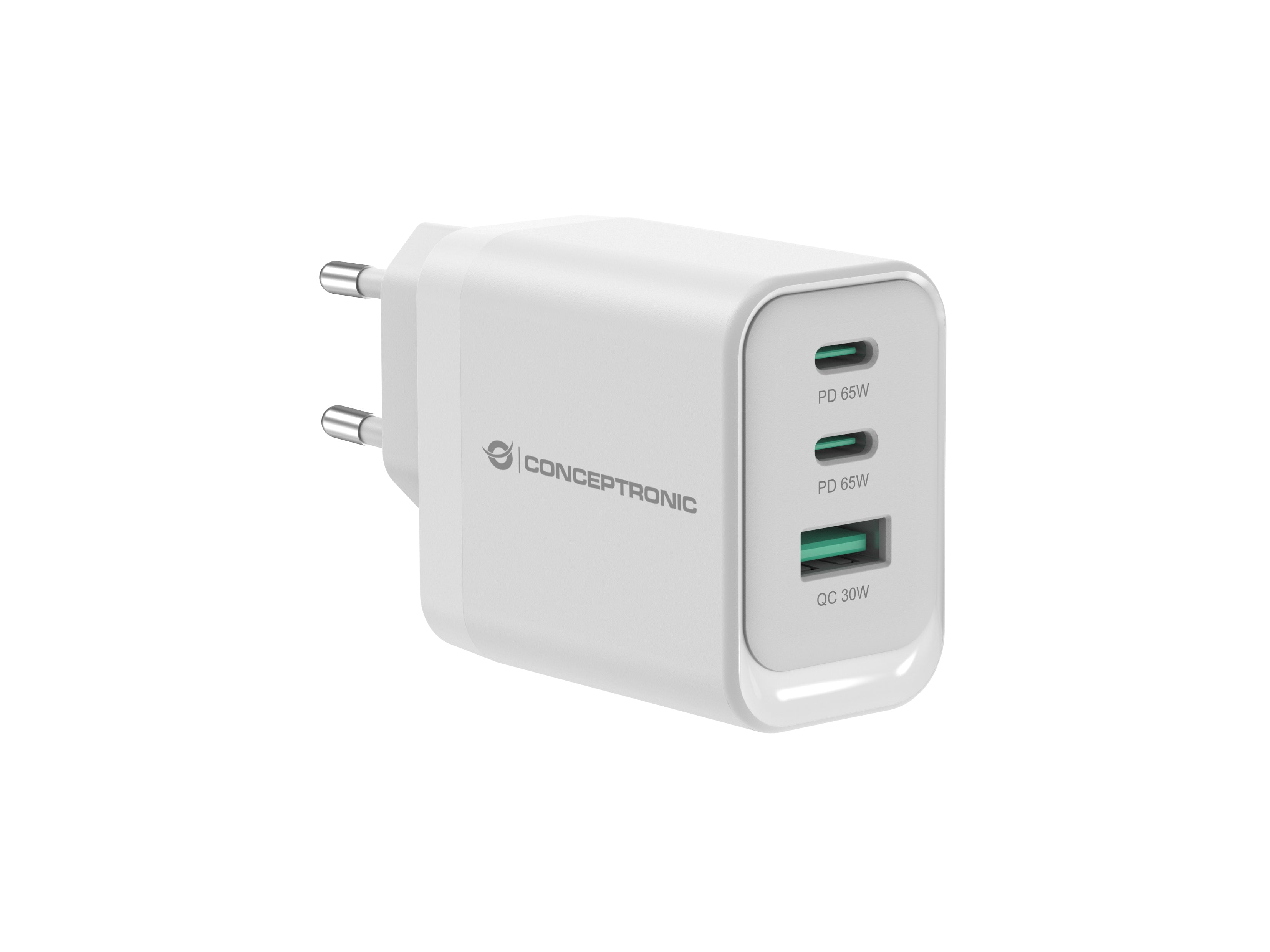 CONCEPTRONIC 3-Port 65W GaN USB PD Charger - USB-C x 2 - USB-A x 1 - QC 3.0 - PPS - PD 3.0