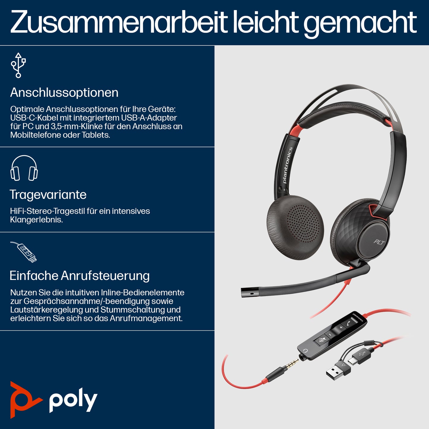 HP INC. Poly Blackwire 5220 Stereo USB-C Headset +3.5mm Plug +USB-C/A Adapter - BULK