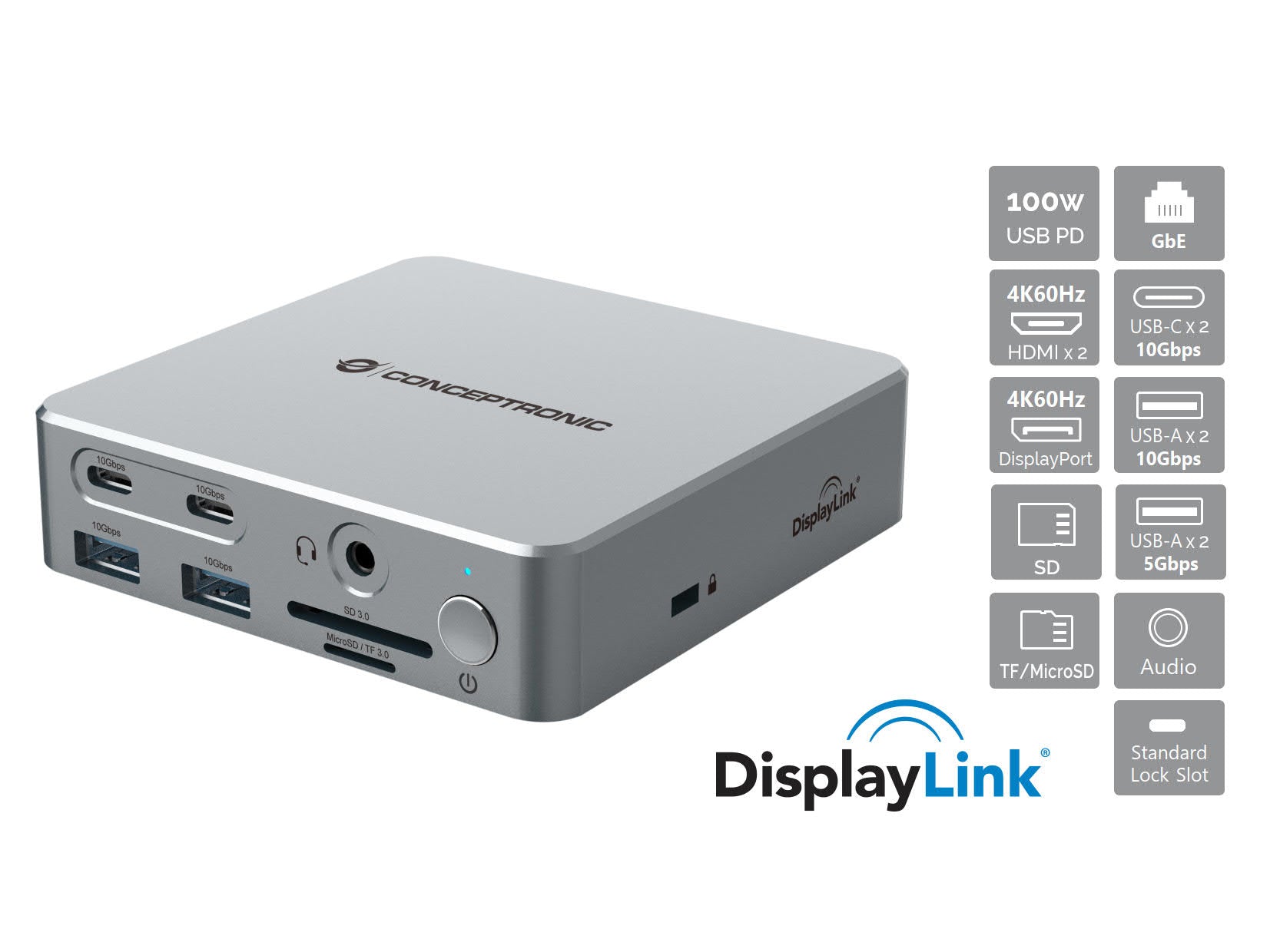 CONCEPTRONIC 15-in-1 DisplayLink USB 3.2 Gen 2 Docking Station - USB-A 5Gbps x 2 - USB-A 10Gbps x 2 - USB-C 10Gbps x 2 - HDMI x 2 - DisplayPo