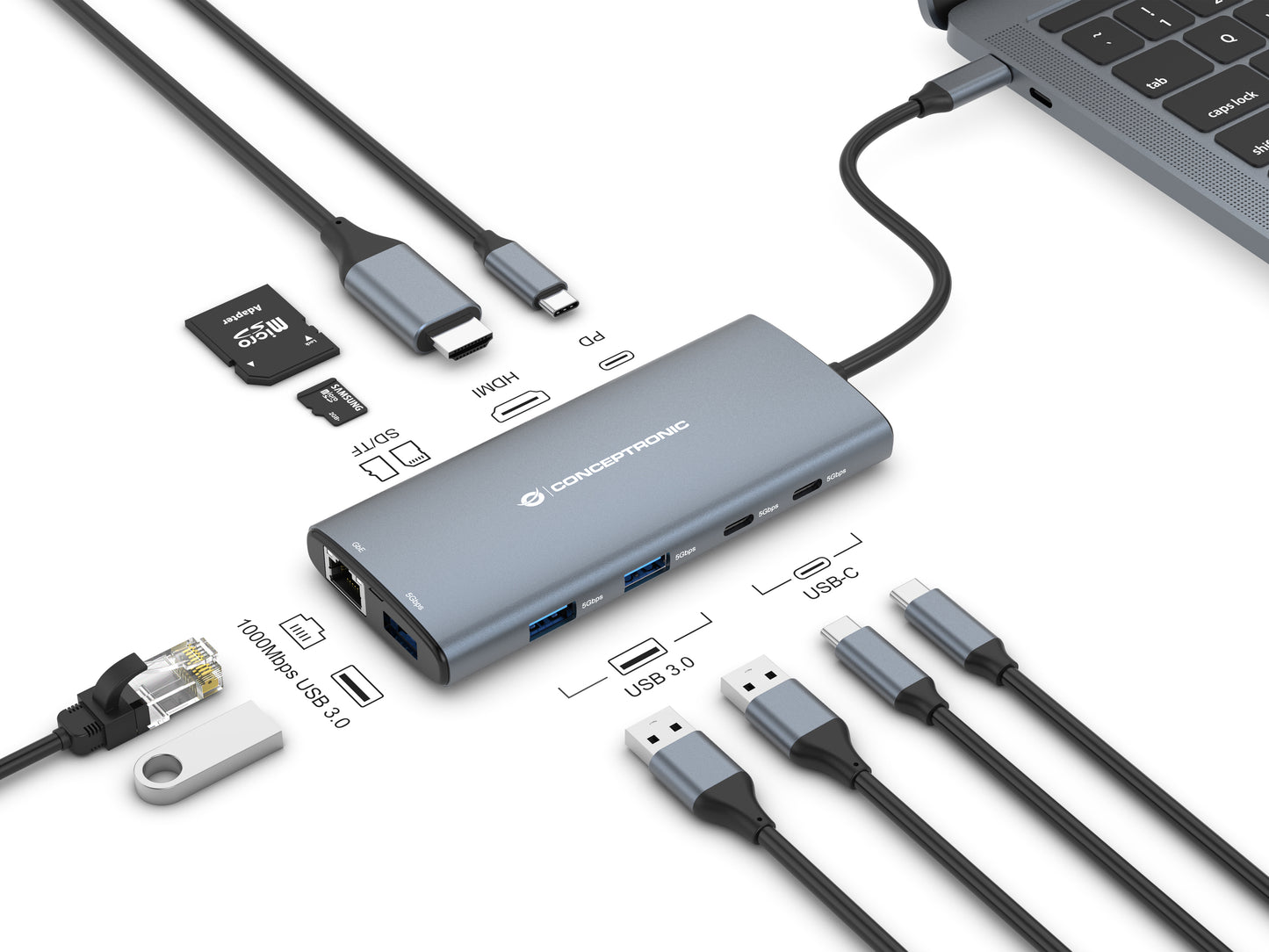 CONCEPTRONIC 10-in-1 USB 3.2 Gen 1 Docking Station - HDMI - 100W USB PD - USB-C 5Gbps x 2 - USB-A 5Gbps x 3 - SD - TF/MicroSD - GbE