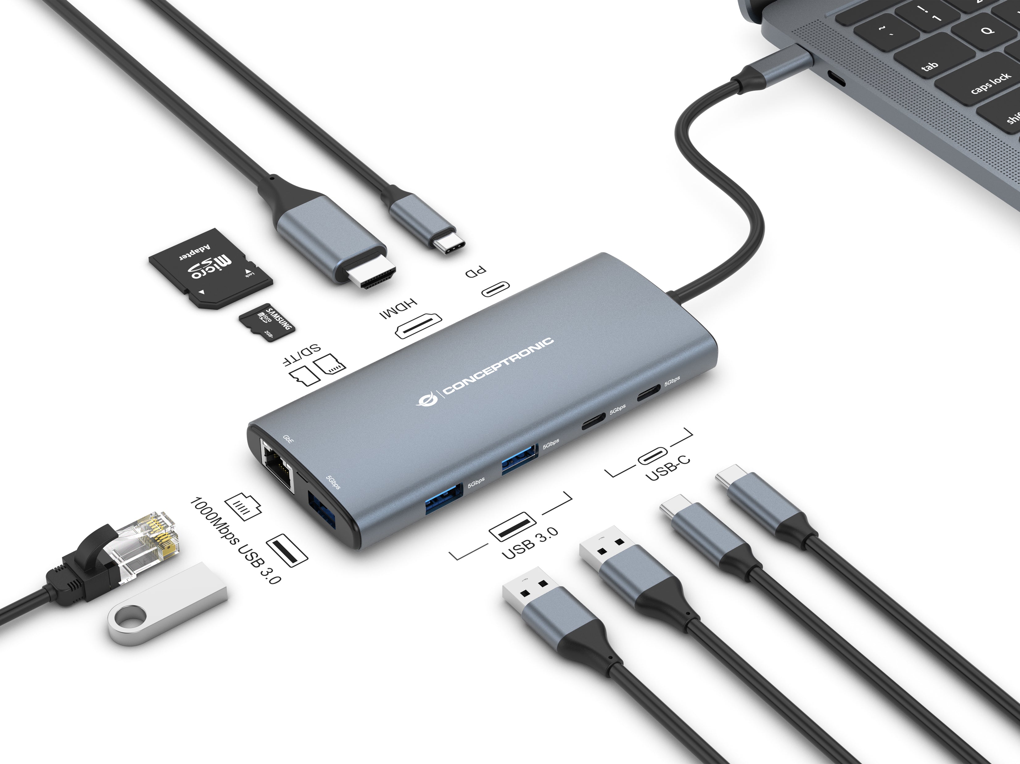 CONCEPTRONIC 10-in-1 USB 3.2 Gen 1 Docking Station - HDMI - 100W USB PD - USB-C 5Gbps x 2 - USB-A 5Gbps x 3 - SD - TF/MicroSD - GbE