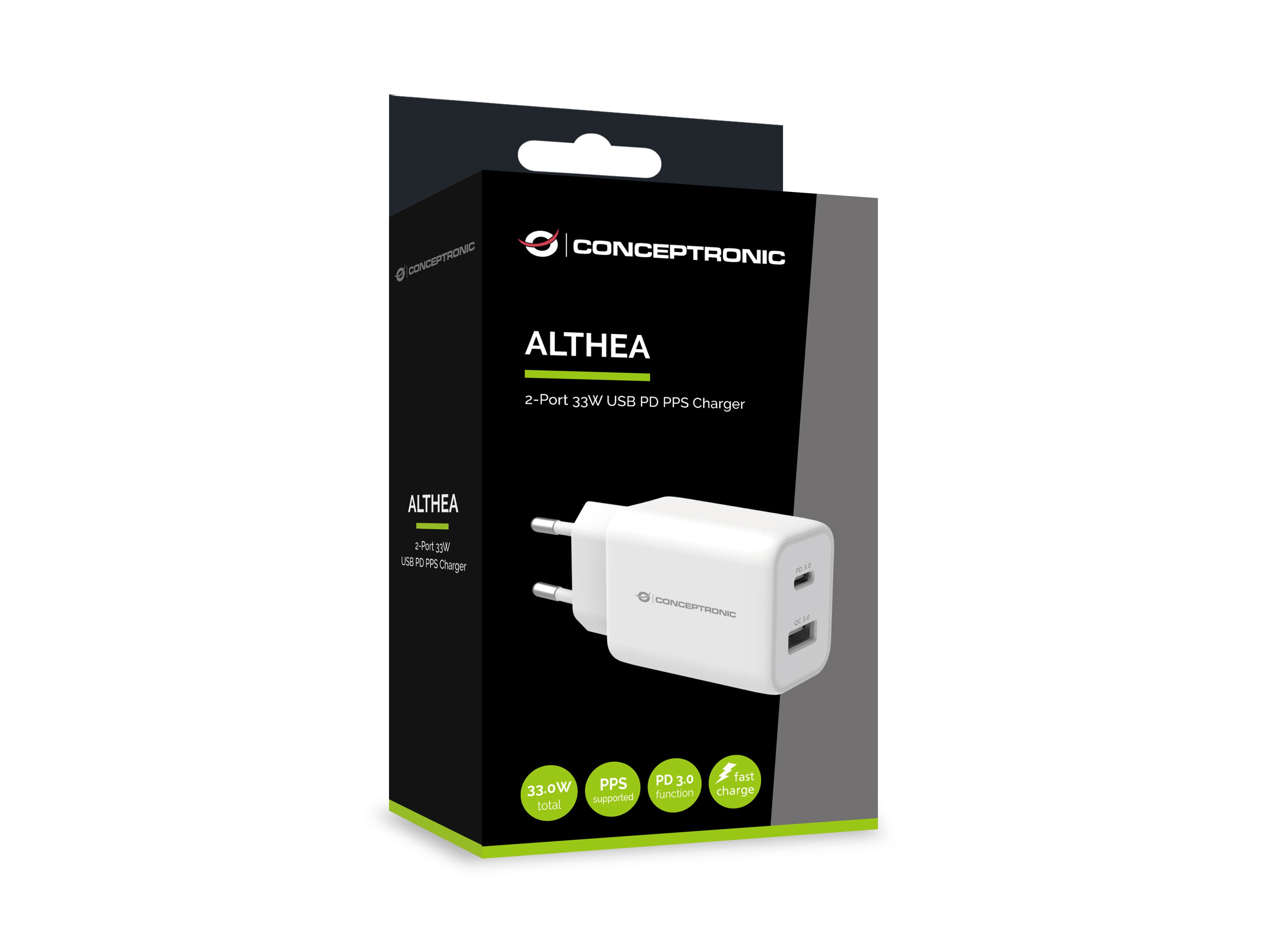 CONCEPTRONIC 2-Port 33W PPS USB PD Charger - USB-A x 1 - USB-C x 1 - QC 3.0