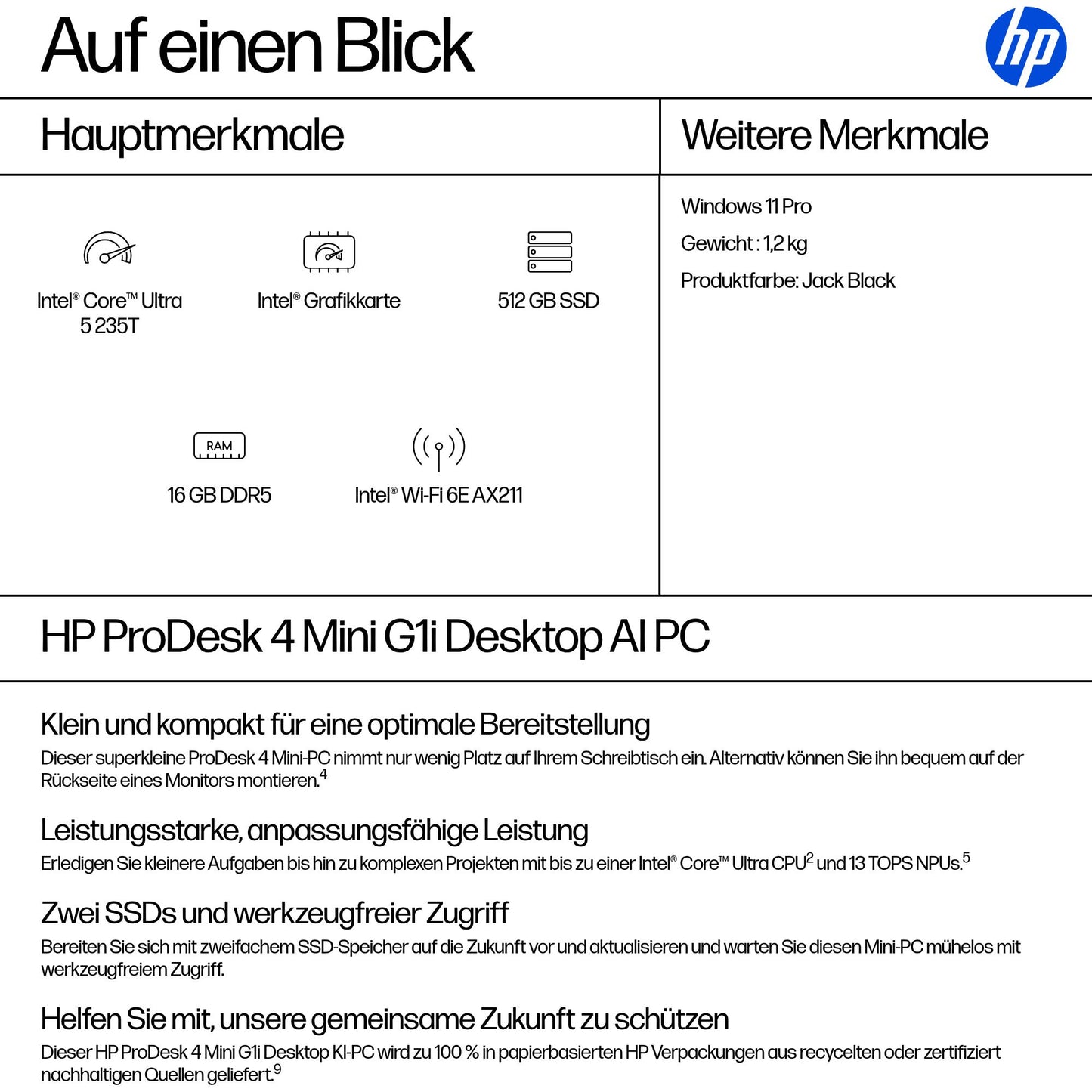HP INC. ProDesk 4 Mini G1i Desktop PC - Intel Core Ultra 5 235T - 16GB RAM - 512GB SSD - Windows 11 Pro - #ABD - QWERTZ DE - [GERMAN]