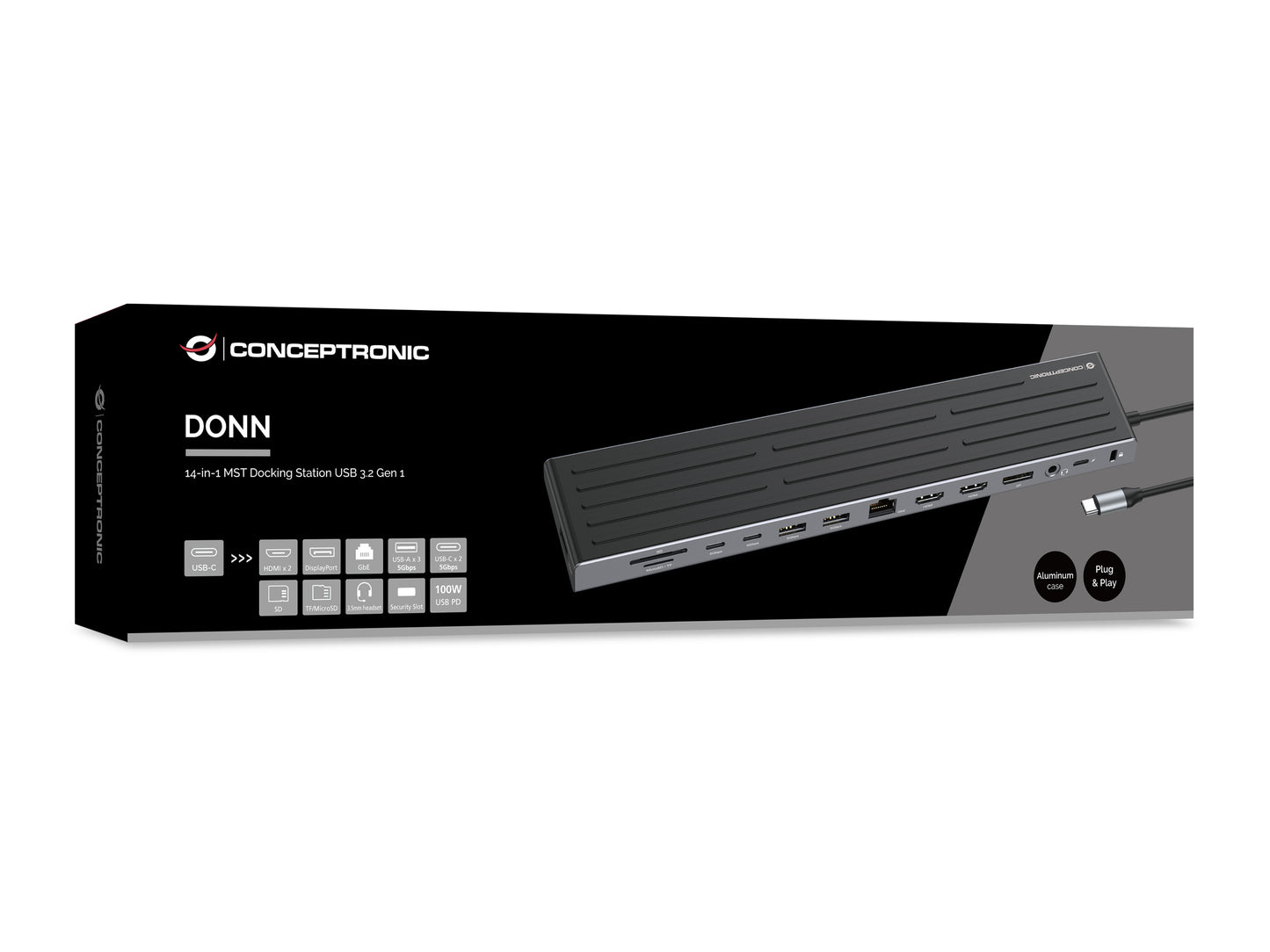 CONCEPTRONIC 14-in-1 MST Docking Station USB 3.2 Gen 1 - HDMI x 2 - DP - GbE LAN - USB-A 5Gbps x 3 - USB-C 5Gbps x 2 - SD - TF/MicroSD - 3.5m