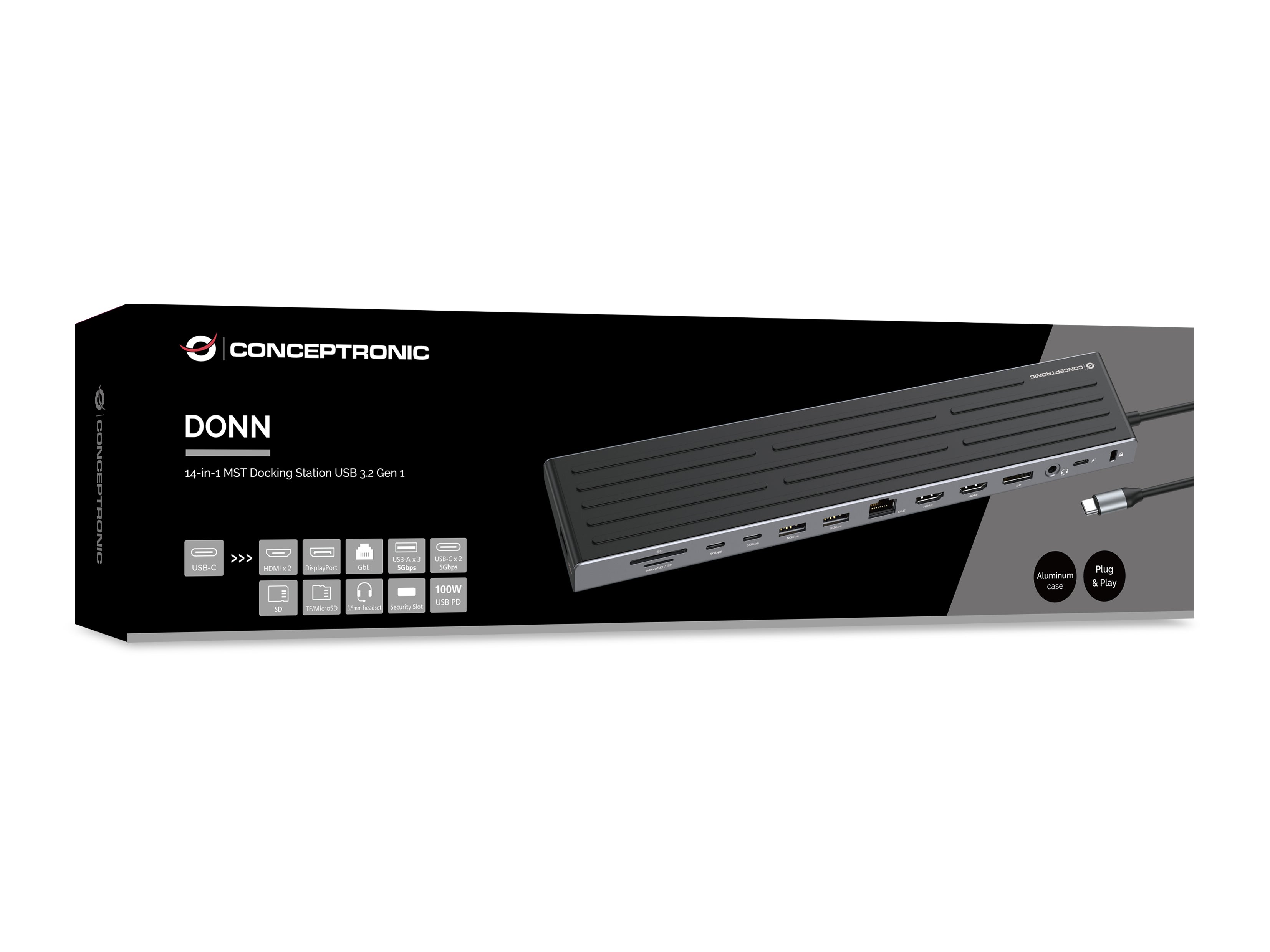 CONCEPTRONIC 14-in-1 MST Docking Station USB 3.2 Gen 1 - HDMI x 2 - DP - GbE LAN - USB-A 5Gbps x 3 - USB-C 5Gbps x 2 - SD - TF/MicroSD - 3.5m