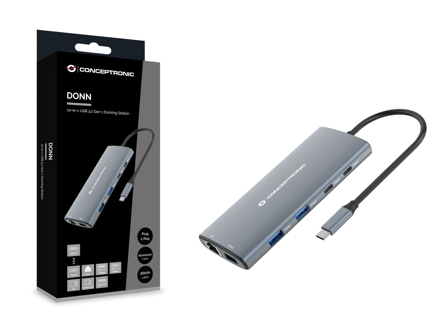 CONCEPTRONIC 10-in-1 USB 3.2 Gen 1 Docking Station - HDMI - 100W USB PD - USB-C 5Gbps x 2 - USB-A 5Gbps x 3 - SD - TF/MicroSD - GbE