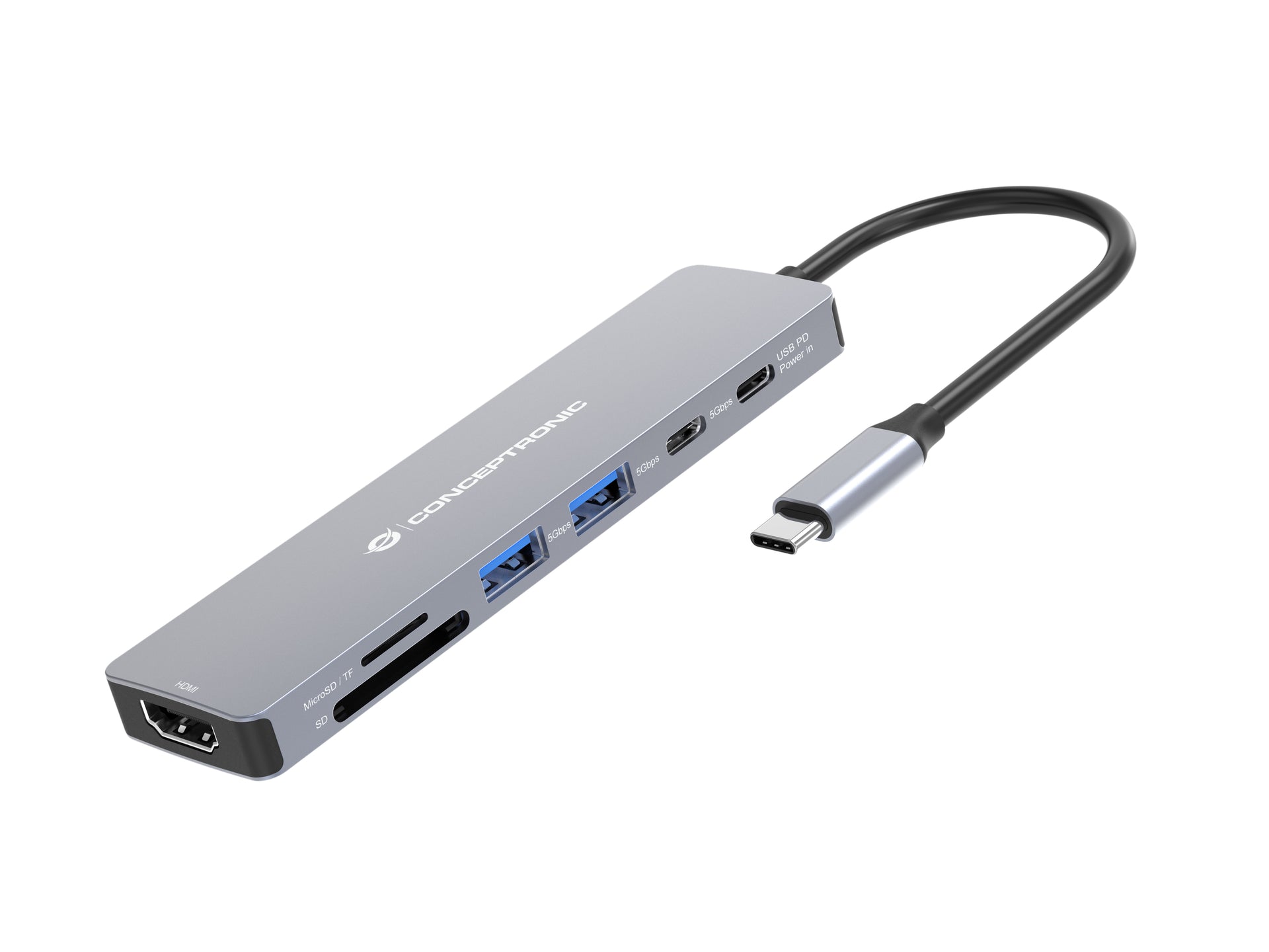 CONCEPTRONIC 7-in-1 USB 3.2 Gen 1 Docking Station - 4K60Hz HDMI - USB-A 5Gbps x 2 - USB-C 5Gbps - SD - TF/MicroSD - 100W USB PD