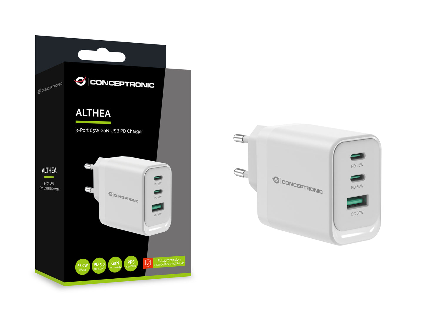 CONCEPTRONIC 3-Port 65W GaN USB PD Charger - USB-C x 2 - USB-A x 1 - QC 3.0 - PPS - PD 3.0