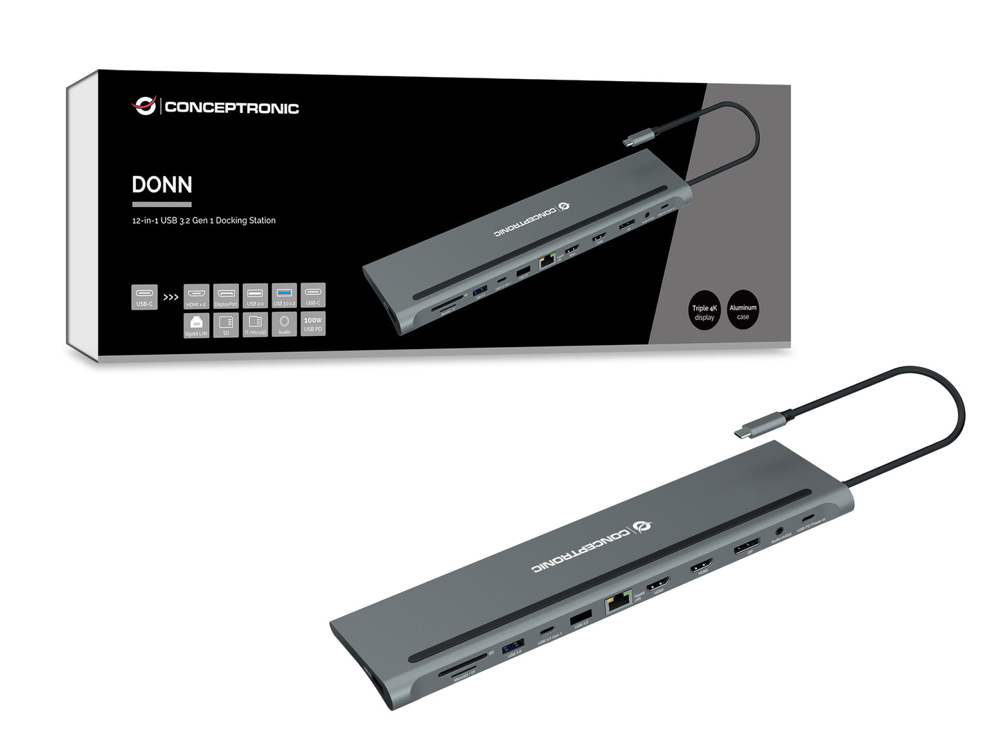 CONCEPTRONIC 12-in-1 USB 3.2 Gen 1 Docking Station - MST - Triple 4K Display - 100W USB PD - HDMI x 2 - DisplayPort - GbE LAN - USB-A 3.0 x 2