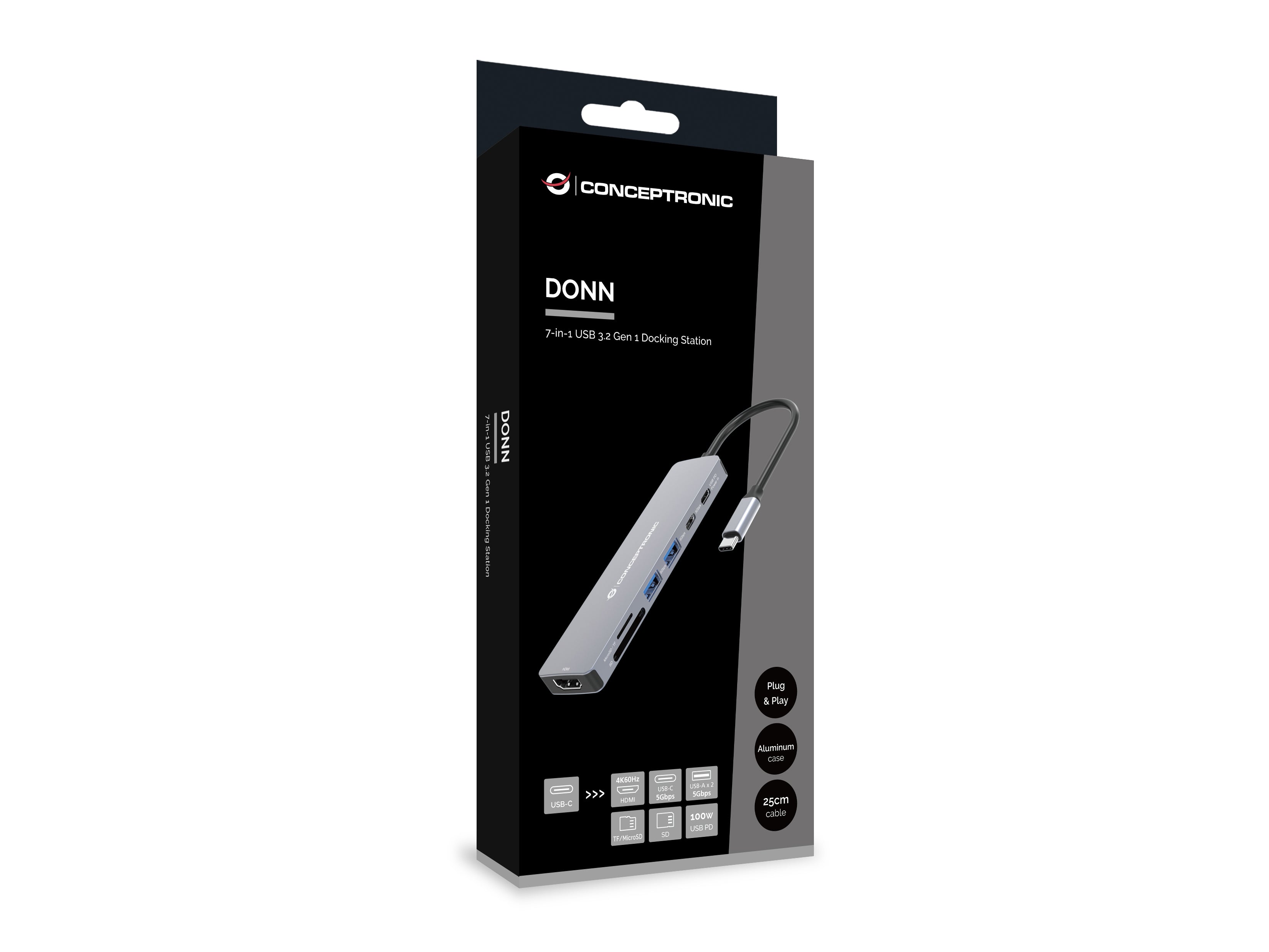 CONCEPTRONIC 7-in-1 USB 3.2 Gen 1 Docking Station - 4K60Hz HDMI - USB-A 5Gbps x 2 - USB-C 5Gbps - SD - TF/MicroSD - 100W USB PD
