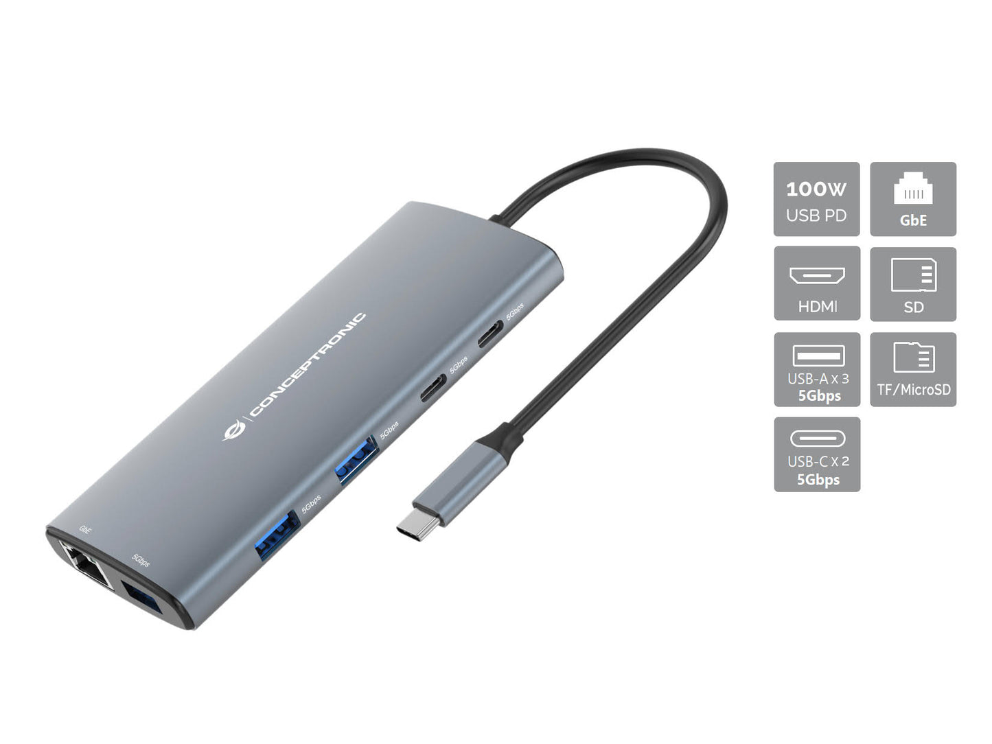 CONCEPTRONIC 10-in-1 USB 3.2 Gen 1 Docking Station - HDMI - 100W USB PD - USB-C 5Gbps x 2 - USB-A 5Gbps x 3 - SD - TF/MicroSD - GbE