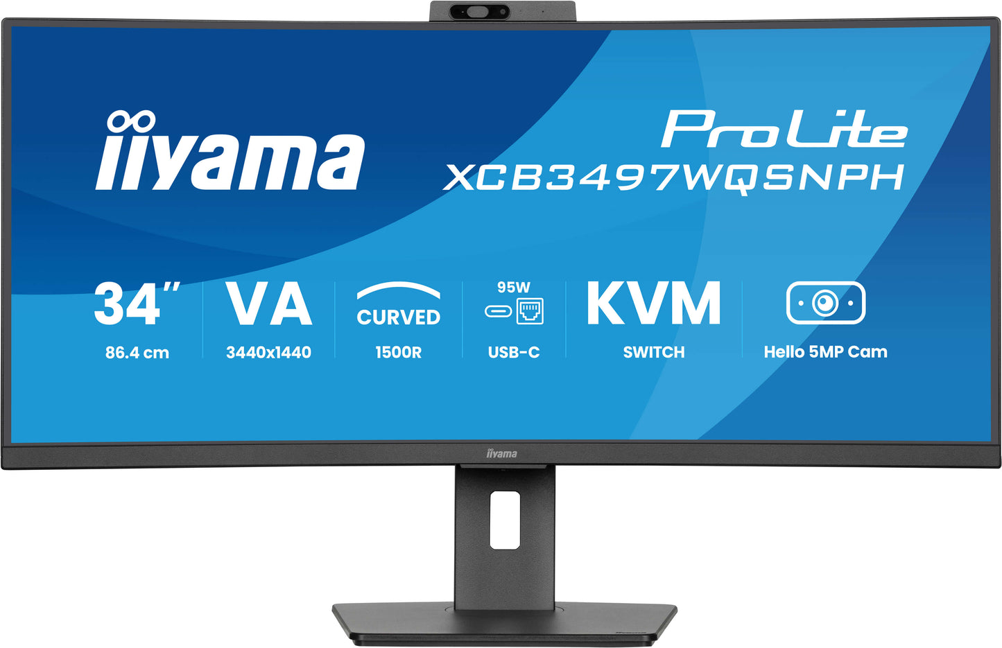 IIYAMA ProLite 34 inch Curved - UltraWide Quad HD VA LED Monitor - 3440x1440 - USB-C Dock - KVM Switch - Windows Hello Cam - HAS / RJ45