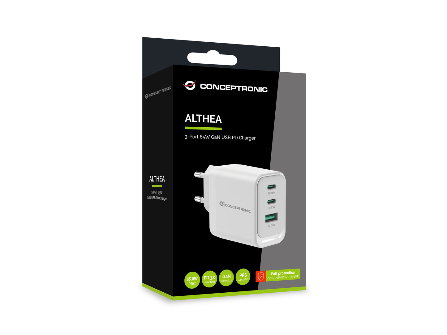 CONCEPTRONIC 3-Port 65W GaN USB PD Charger - USB-C x 2 - USB-A x 1 - QC 3.0 - PPS - PD 3.0