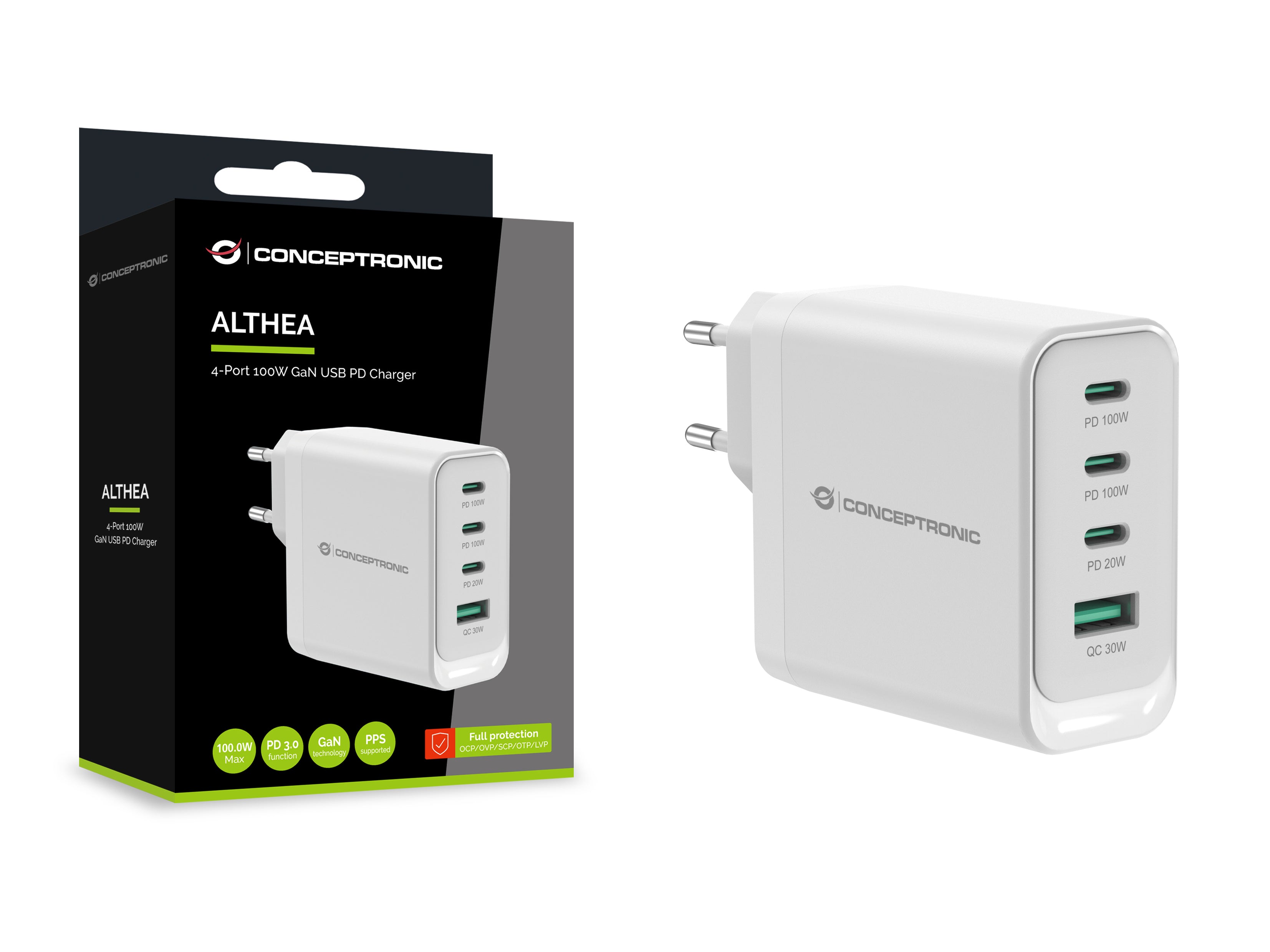 CONCEPTRONIC 4-Port 100W GaN USB PD Charger - USB-C x 3 - USB-A x 1 - QC 3.0 - PPS - PD 3.0
